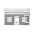 White wooden loft bed with safety rails and ladder above grey fabric playhouse tent with window cutouts — children's loft bunk bed for kids' bedroom