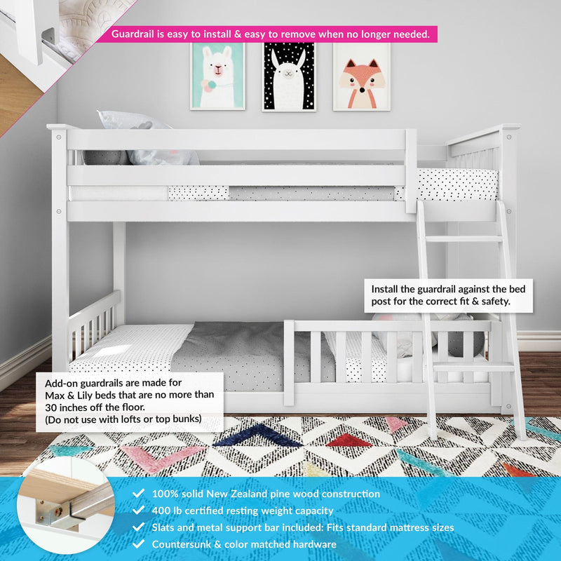 White solid pine twin-over-twin bunk bed with ladder and removable safety guardrail in kids' room, fits standard mattresses, 400 lb capacity