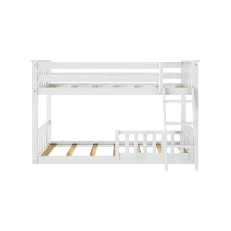 White wooden twin-over-full bunk bed with side ladder, safety rails and slatted wood support, modern kids bedroom furniture