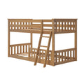Solid wood twin-over-twin bunk bed with angled ladder and slatted guardrails in natural oak finish, space-saving kids bedroom furniture