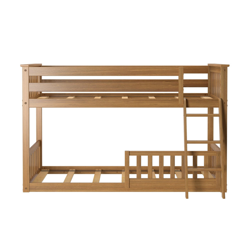 Twin-over-twin solid oak bunk bed frame with ladder and slatted guardrails in natural finish for kids' bedroom