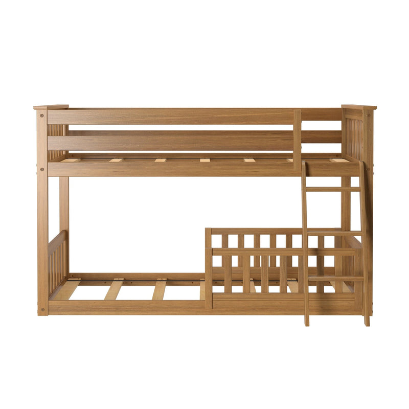 Light natural wood twin-over-twin bunk bed with side ladder, slatted mattress supports and guardrails for kids' bedroom