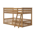 Solid natural wood twin-over-full bunk bed with angled ladder and slatted guardrails, sturdy space-saving kids bedroom furniture in oak finish