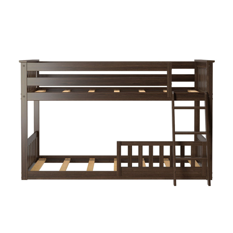 Dark brown wood-finish twin-over-twin bunk bed with right-side ladder, safety guardrails and slatted mattress supports for kids' bedroom, space-saving design