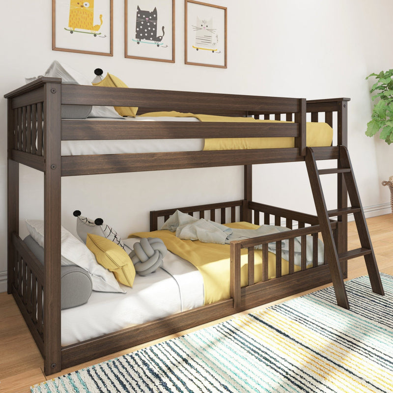 Dark walnut solid wood twin-over-full bunk bed with ladder in children's bedroom, yellow bedding and decorative pillows, modern kids' room furniture