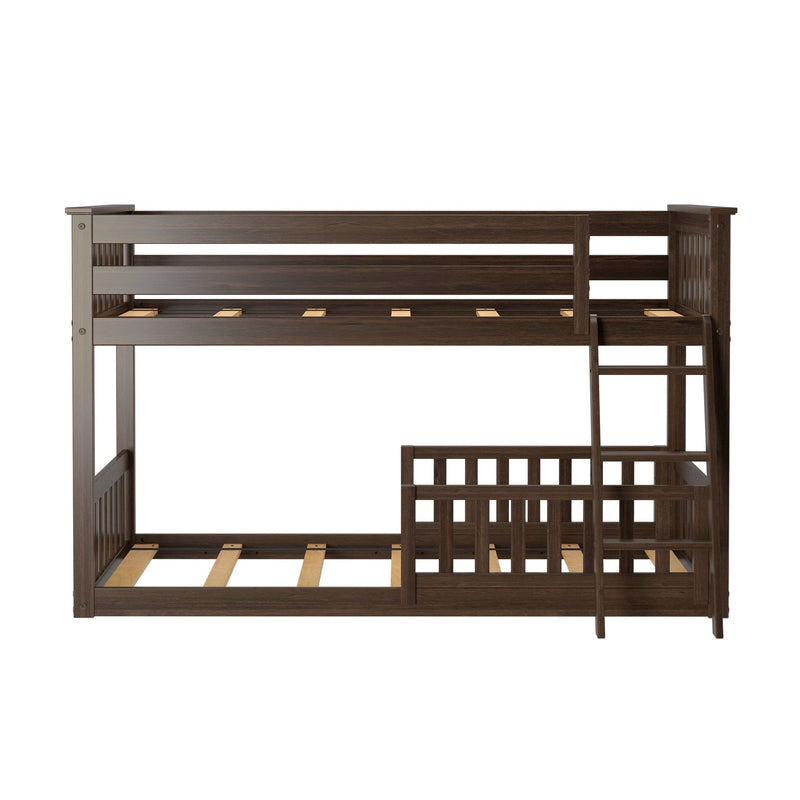 Dark brown solid wood twin-over-twin bunk bed with built-in ladder and slatted guardrails, espresso finish, sturdy slat support — space-saving kids' bedroom frame