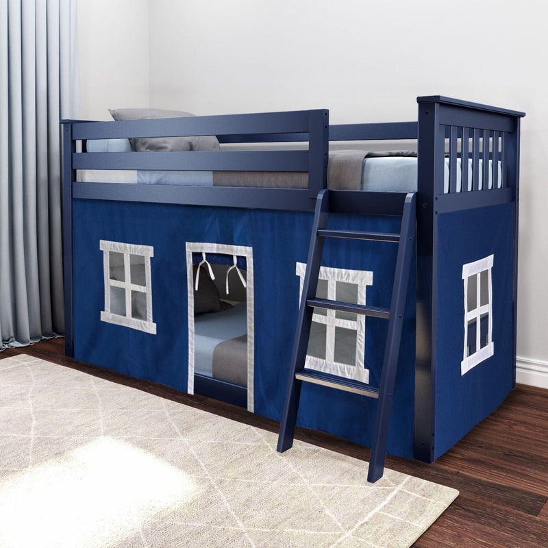 Navy blue kids loft bed with playhouse tent and ladder — wooden twin loft bed with lower sleeping area and faux windows