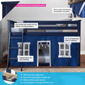 Kids navy blue low-profile loft bed with angled ladder and playhouse tent curtain, removable Velcro panels, countersunk hardware, solid pine frame