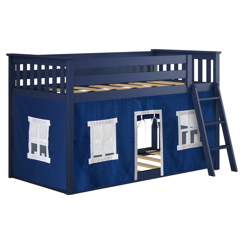 Navy blue children's loft bed with ladder, wooden slatted base, safety guardrail and fabric playhouse tent