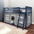 Navy blue wooden loft bed for kids with ladder and playhouse-style gray curtains, mattress and pillows in a modern children's bedroom
