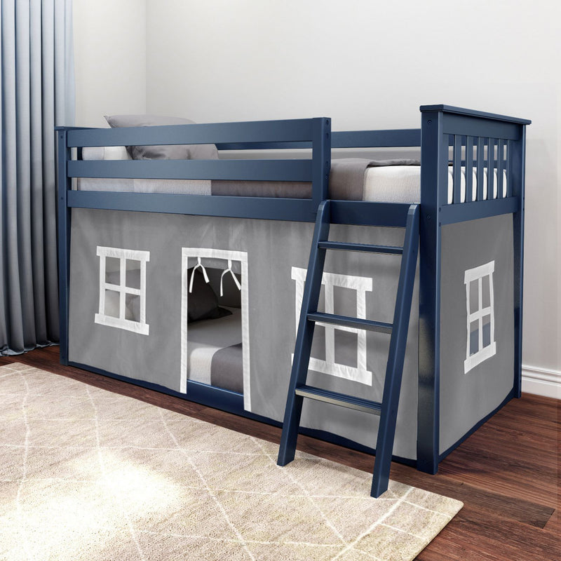 Navy blue wooden loft bed for kids with ladder and playhouse-style gray curtains, mattress and pillows in a modern children's bedroom