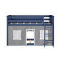 Navy blue wooden loft twin bed with ladder, slatted mattress support and gray playhouse curtain with window panels, space‑saving kids' bedroom bed