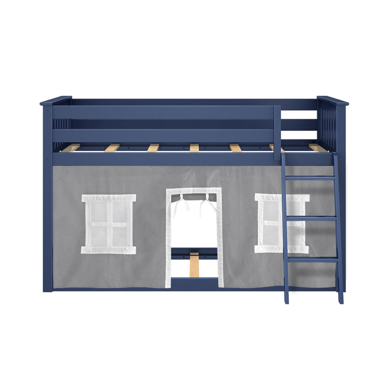 Navy blue wooden loft twin bed with ladder, slatted mattress support and gray playhouse curtain with window panels, space‑saving kids' bedroom bed