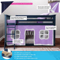 Navy blue low-profile children's loft bed for toddlers with angled ladder, purple playhouse curtain, secure velcro attachments and countersunk hardware