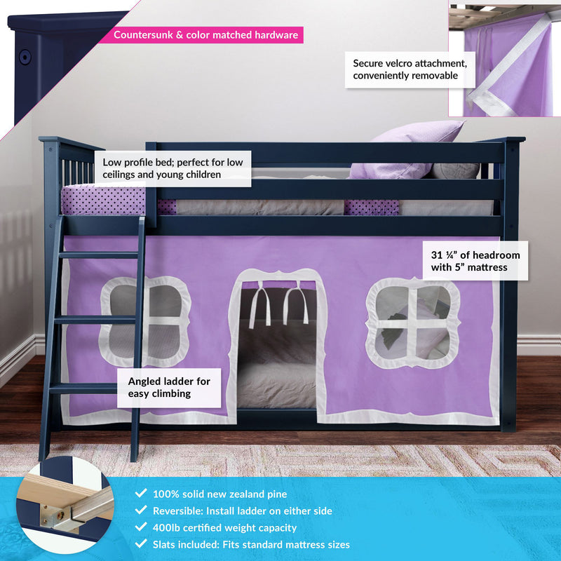 Navy blue low-profile kids loft bed with angled ladder and purple playhouse tent curtain, secure Velcro attachment and countersunk hardware — sturdy solid wood bunk bed ideal for low ceilings and young children