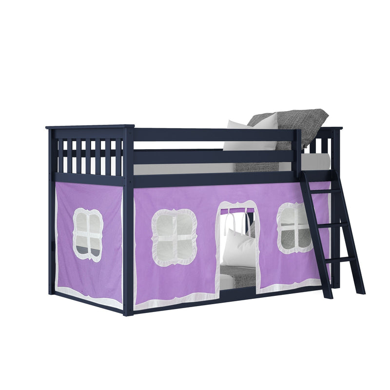 Children's navy blue wooden loft bed with purple playhouse curtains, ladder, mattress, gray throw blanket and white pillow — space-saving playhouse bunk bed