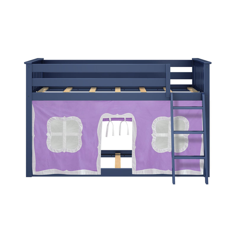Navy blue wooden kids loft bed with ladder, exposed mattress slats and purple play‑tent curtains featuring window cutouts