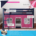 Navy blue solid wood kids loft bed with pink play-tent curtains, angled ladder, low-profile guardrails and secure velcro attachments — versatile children's loft/bunk bed for small rooms