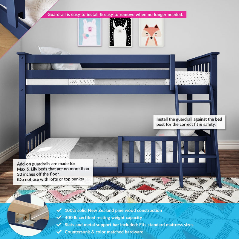 Navy blue solid New Zealand pine twin-over-twin bunk bed with ladder and removable safety guardrails in a children's bedroom, polka-dot bedding, fits standard mattresses and 400 lb resting weight capacity