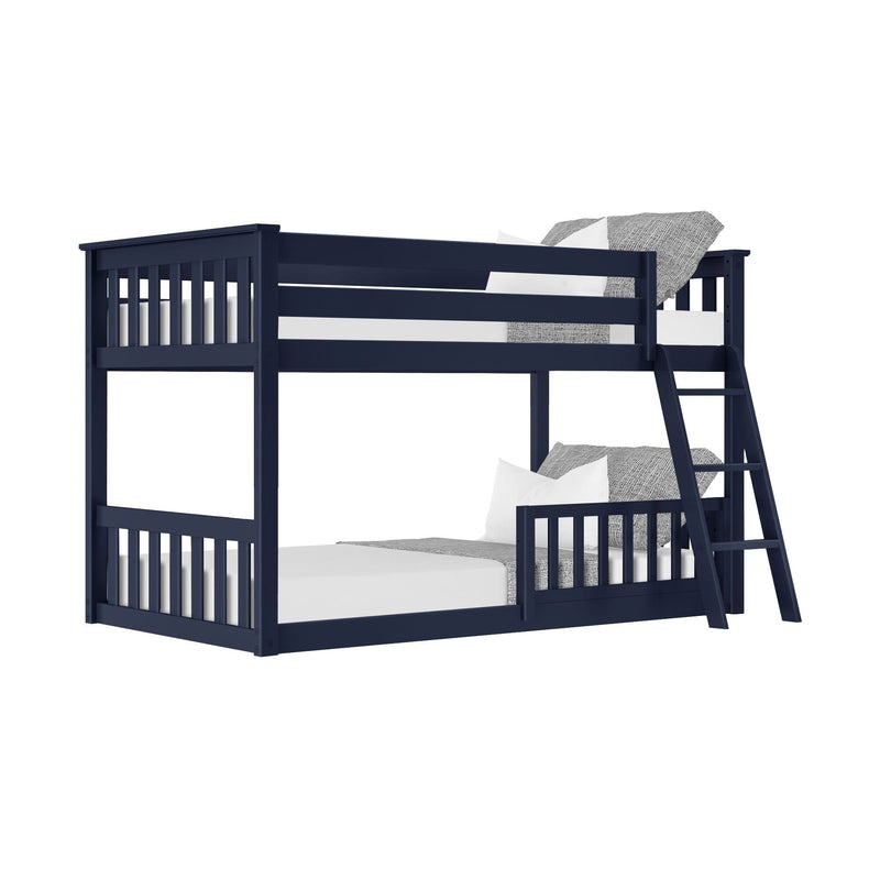 Navy blue wooden twin-over-full bunk bed with slatted rails and angled ladder, modern space-saving children's bedroom furniture with mattress, pillows and gray throw