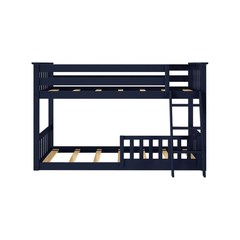 Navy blue twin-over-twin wooden bunk bed with slatted headboards, guard rails and angled ladder — sturdy kids' bedroom frame (no mattresses)