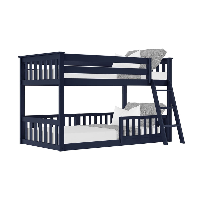 Navy blue solid wood twin-over-full bunk bed with ladder and slatted guardrails, white bedding and gray pillows