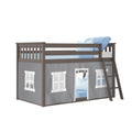 Gray wooden twin loft bed with ladder and fabric play-tent curtain featuring window panels, styled with blue pillows and blanket