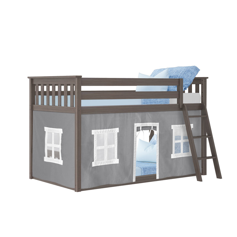 Gray wooden twin loft bed with ladder and fabric play-tent curtain featuring window panels, styled with blue pillows and blanket