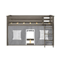 Gray wooden children's loft bed with ladder and play-tent curtains featuring window panels and a doorway, space-saving kids bedroom furniture