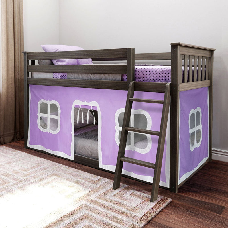 Wooden loft bed with ladder and purple playhouse-style tent panels creating an under-bed play area, kids bedroom furniture
