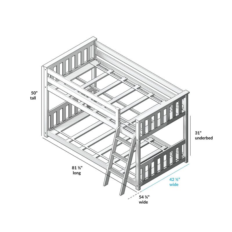 Twin-over-full wooden bunk bed with ladder and slatted guardrails, blueprint-style diagram showing dimensions 81½″ L x 54¼″ W x 50″ H and 31″ underbed clearance