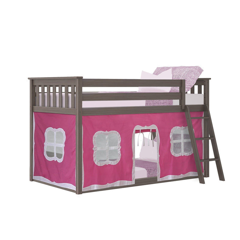 Gray wooden twin loft bed with pink playhouse curtains, ladder and pink bedding for kids girls bedroom