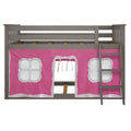 Gray wooden loft bed with ladder and pink playhouse curtain featuring window cutouts — children's bunk bed play tent