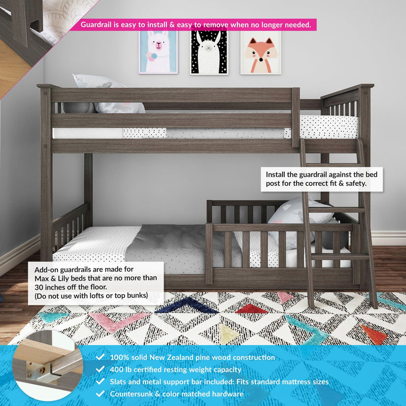 Gray solid New Zealand pine twin-over-twin kids bunk bed with ladder and removable safety guardrail, 400 lb capacity, fits standard mattresses