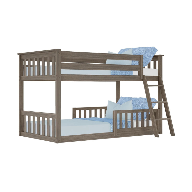 Gray-brown solid wood twin-over-full bunk bed with angled ladder, slatted guardrails and blue bedding — space-saving kids and teen bedroom furniture