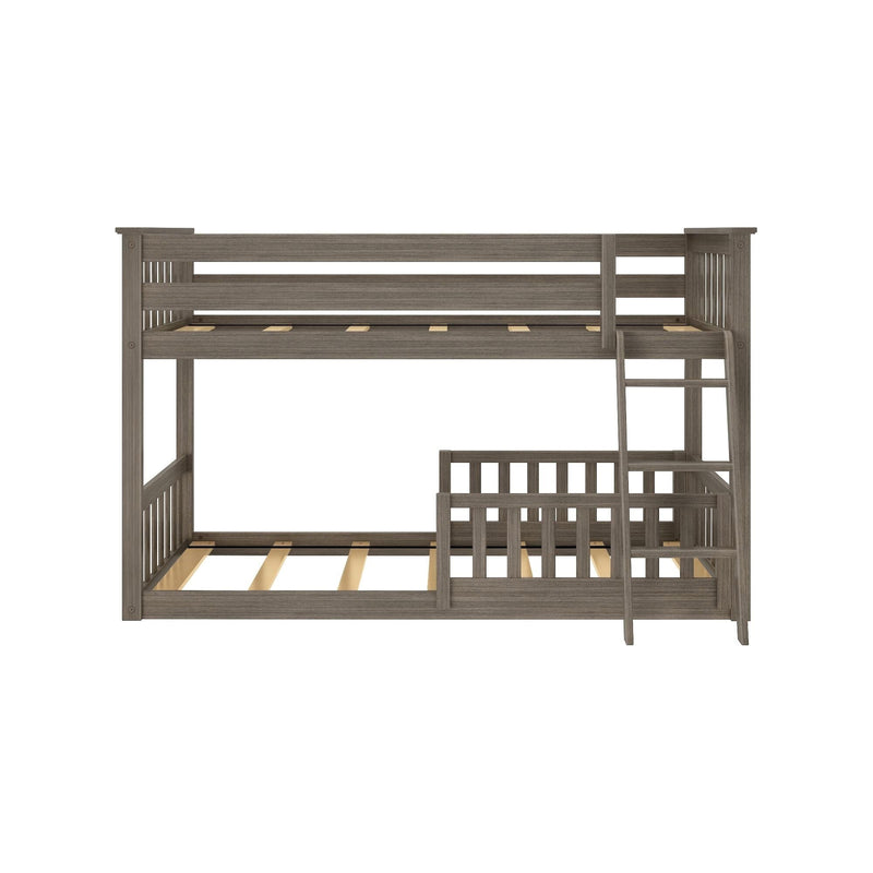 Gray wooden twin-over-twin bunk bed with built-in ladder, slatted guardrails, exposed mattress slats, rustic gray finish