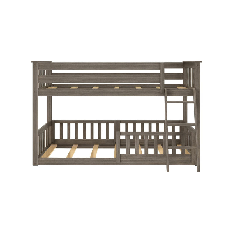 Grey wood two-tier bunk bed with ladder and slatted guardrails, space-saving sturdy frame for kids' bedroom
