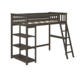 Dark gray wood twin loft bed with ladder and open shelving, space-saving kids' bed frame for small bedrooms