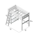 Isometric diagram of a wooden loft bed frame with ladder, guardrails, open slat mattress support and underbed space, labeled dimensions 81½″ long × 59½″ wide × 68½″ tall