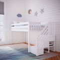 White kids loft bunk bed with staircase in modern nursery, white shiplap wall decorated with moon and stars, blue polka-dot cloud lamp and striped rug