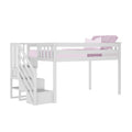 White wooden loft bed with built-in staircase and pink bedding, space-saving kids loft bed with storage stairs