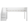 Modern white wooden loft bed with built-in staircase, under-bed open space, slatted guardrails and mattress support slats for kids' bedroom