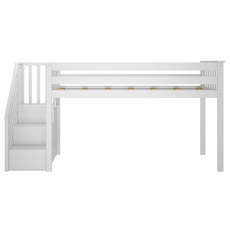 Modern white wooden loft bed with built-in staircase, under-bed open space, slatted guardrails and mattress support slats for kids' bedroom