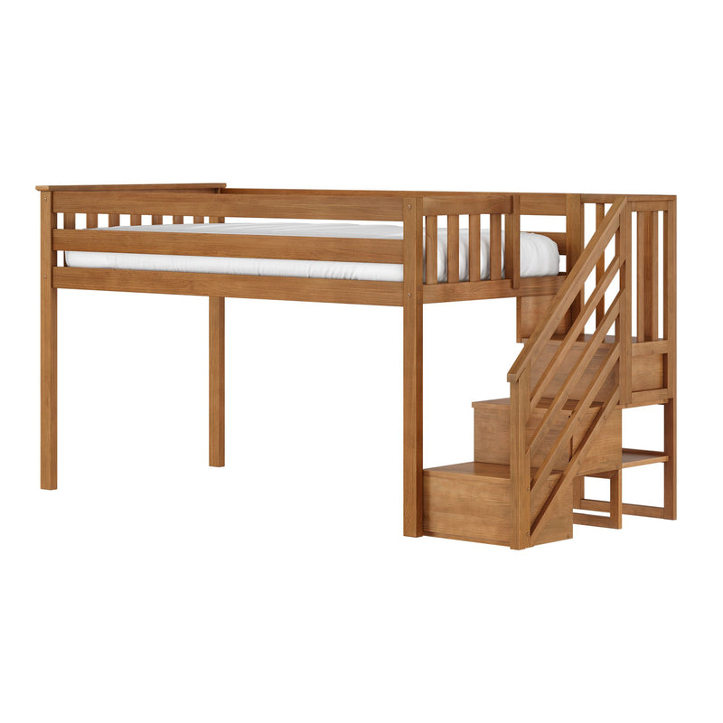 Natural-finish solid wood loft bed with staircase and built-in storage drawers, space-saving twin loft bed for kids' bedroom