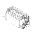 White wooden twin loft bed with slatted platform, guardrails and staircase with built-in storage drawers — 50 in tall, 99.5 in long, 42.5 in wide, 33.25 in underbed clearance