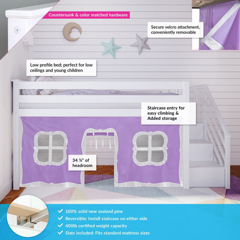 White low-profile kids loft bed with purple play-tent curtain and staircase entry, 34 3/4 in headroom, reversible stairs, 400 lb capacity, solid New Zealand pine