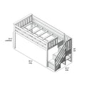 Space-saving twin loft bed with built-in staircase storage, 99.5 in long × 42.5 in wide × 50 in tall, 33.25 in underbed clearance, white wood slatted frame
