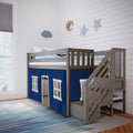 Wooden twin loft bed with stairs and built-in storage, navy playhouse curtain underbed, striped rug and shiplap children's bedroom with star and moon wall decor