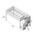 Loft bed frame with integrated staircase and under-bed storage, wooden slatted guardrails and support beams, diagram showing dimensions 99 1/2" long × 42 1/2" wide × 50" tall with 33 1/4" underbed clearance