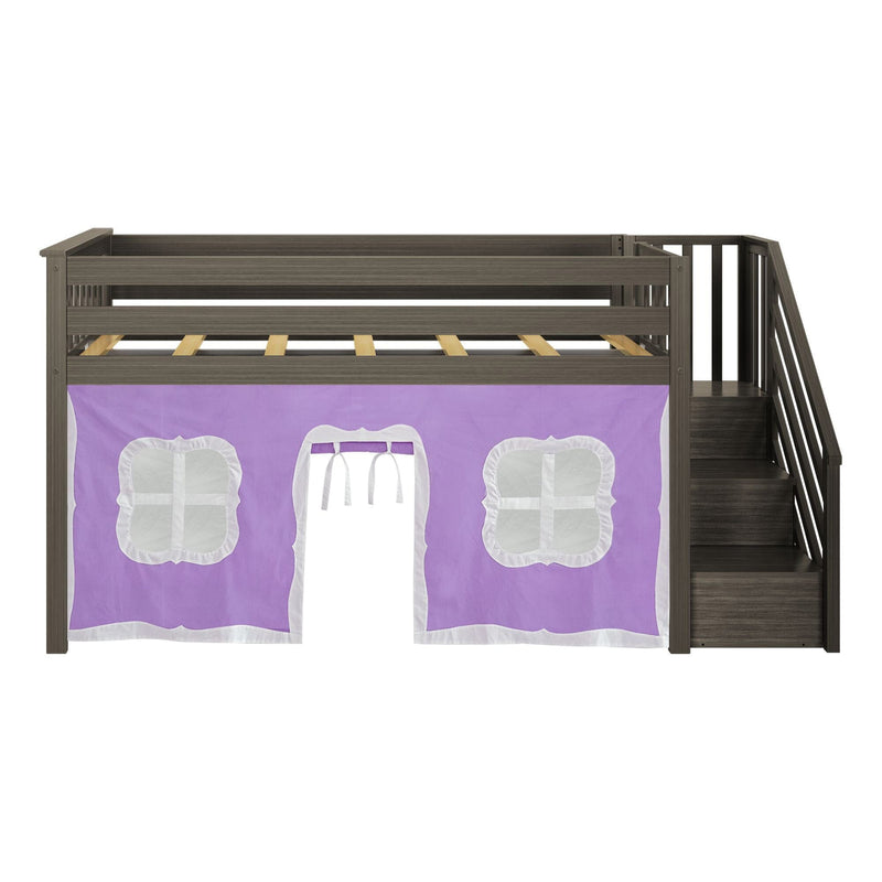 Children's dark gray wooden loft bed with right-side stairs and purple play-tent skirt featuring white scalloped windows and a fabric doorway